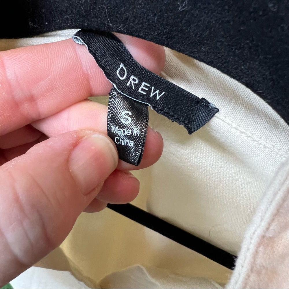 DREW Tan Button Front Quiet Luxury Drawstring Cropped Blouse, S - Picture 10 of 10